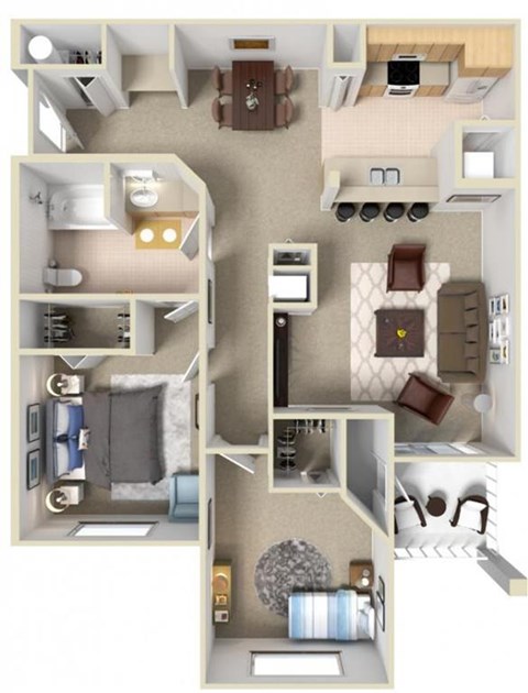 Floor plan for 2 beds, 1 bath, 999 sqft